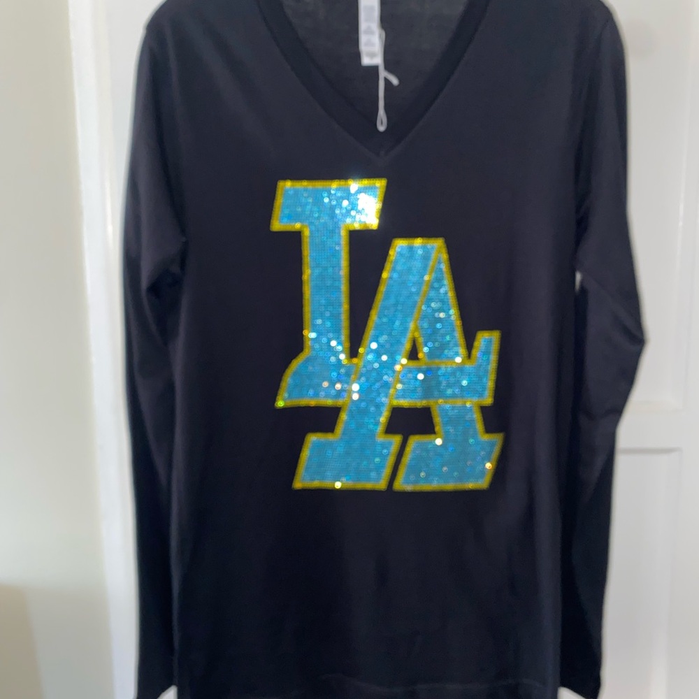 Black Long Sleeve Top with Blue and Gold Sequin Design